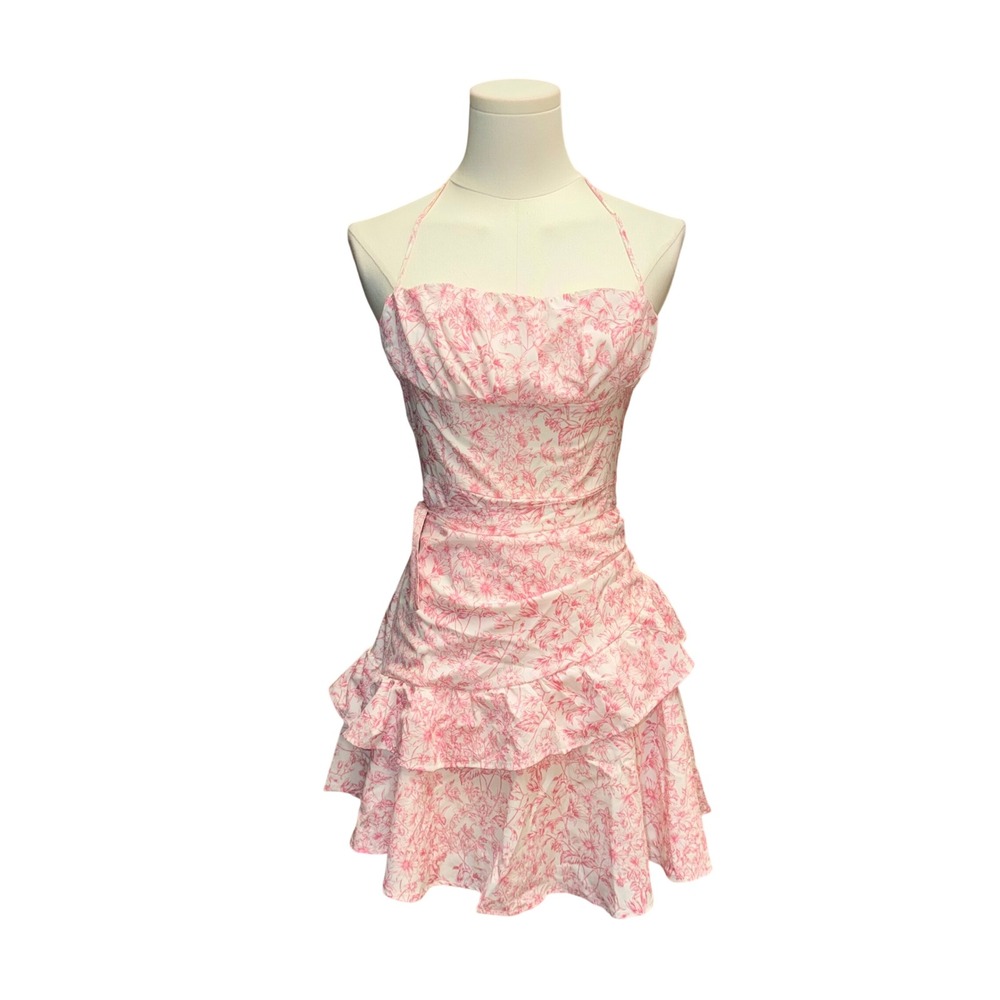 Handmade Halter Mini Dress Women XS Pink Good Floral Toile Ruffle Ruched Tiered